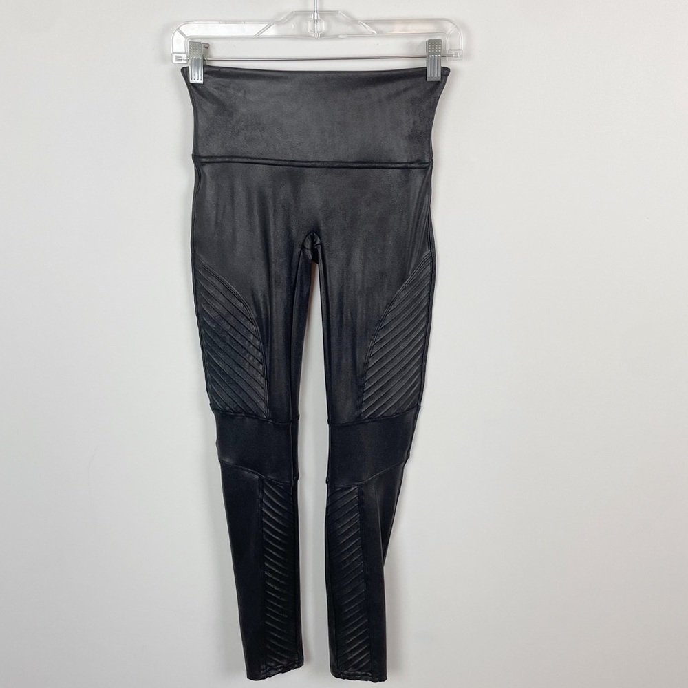 SPANX Black Moto Faux Leather Shaping Slimming Leggings Size Medium